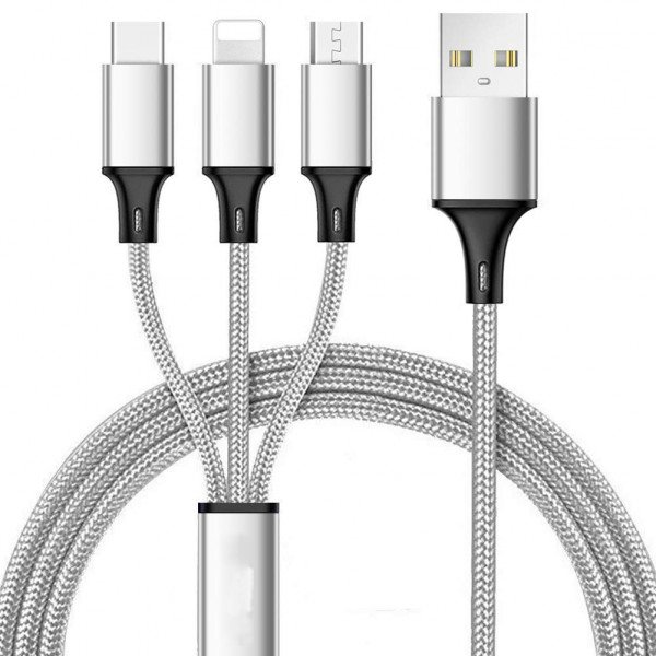 Wholesale 3-in-1 2.1A IOS Lighting / Type C / Micro V8V9 Strong Braided Aluminum USB Cable 4FT (Silver)